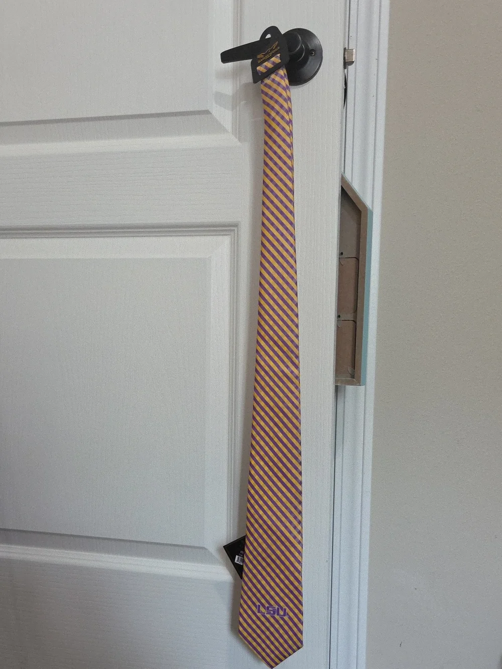 Striped Purple and Gold Tie with LSU Logo - Collegiate Dress Accessory